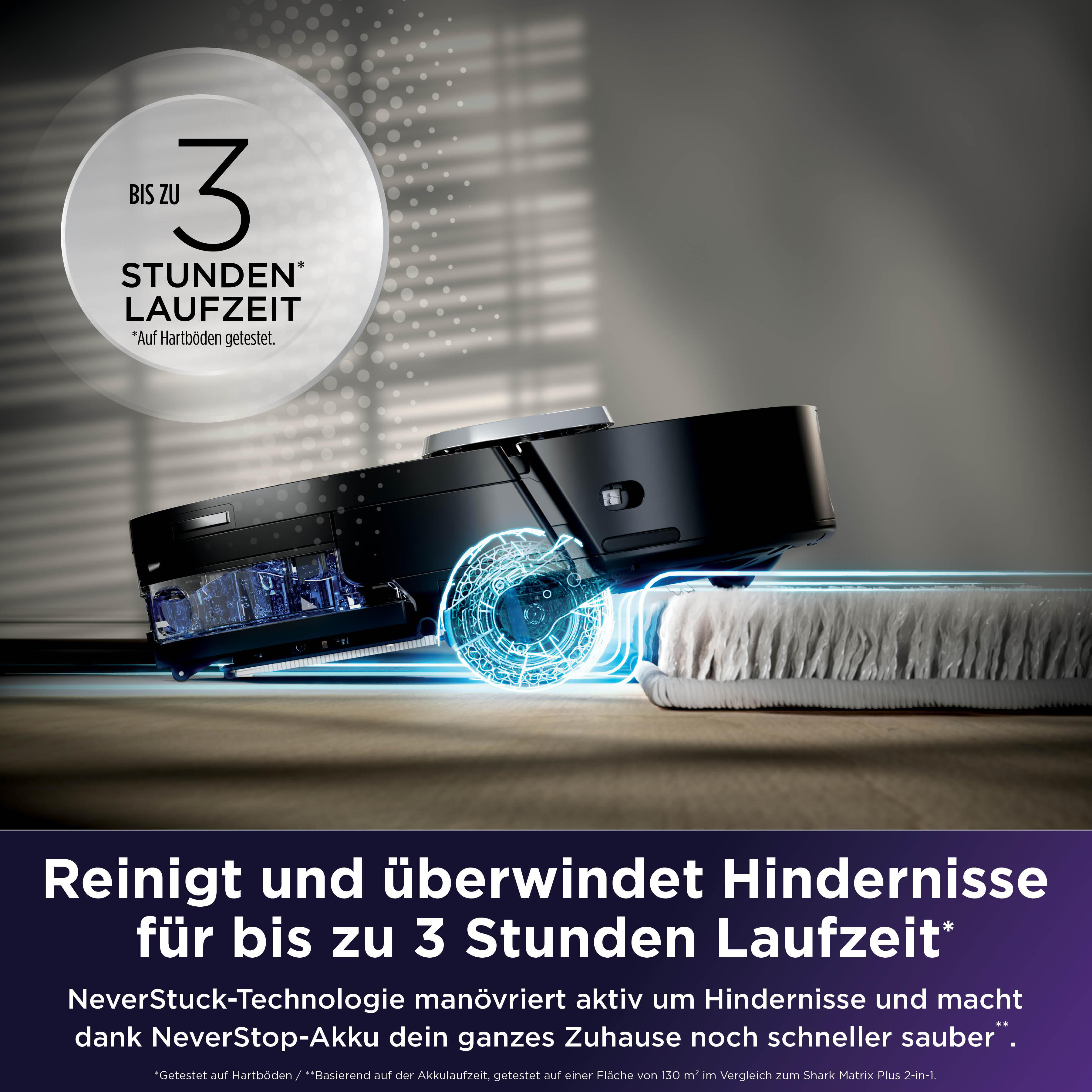 Ein Saugroboter reinigt den Boden und überwindet Hindernisse mit bis zu 3h Laufzeit.