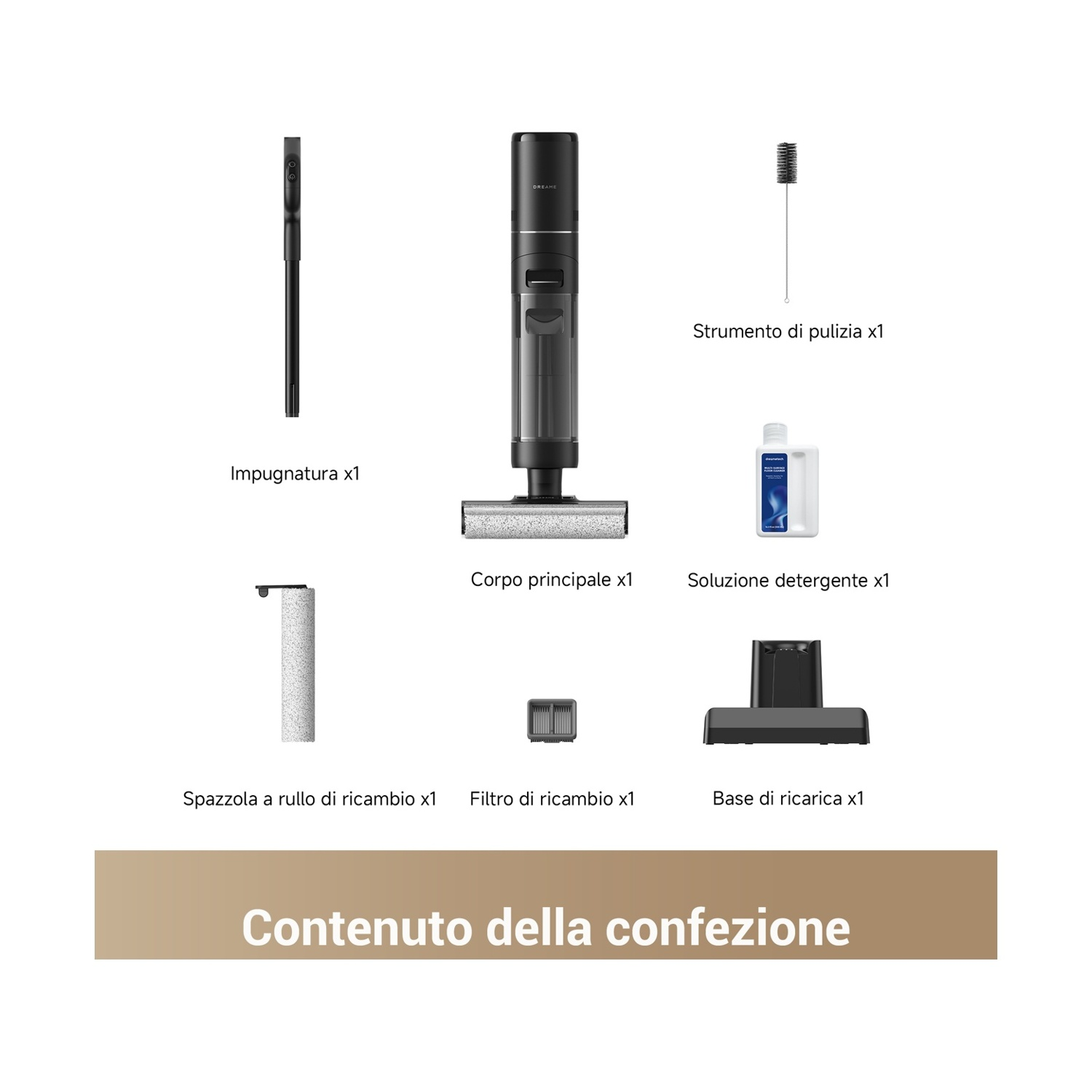Accessori aspirapolvere lava pavimenti: impugnatura, corpo principale, spazzola, filtro.