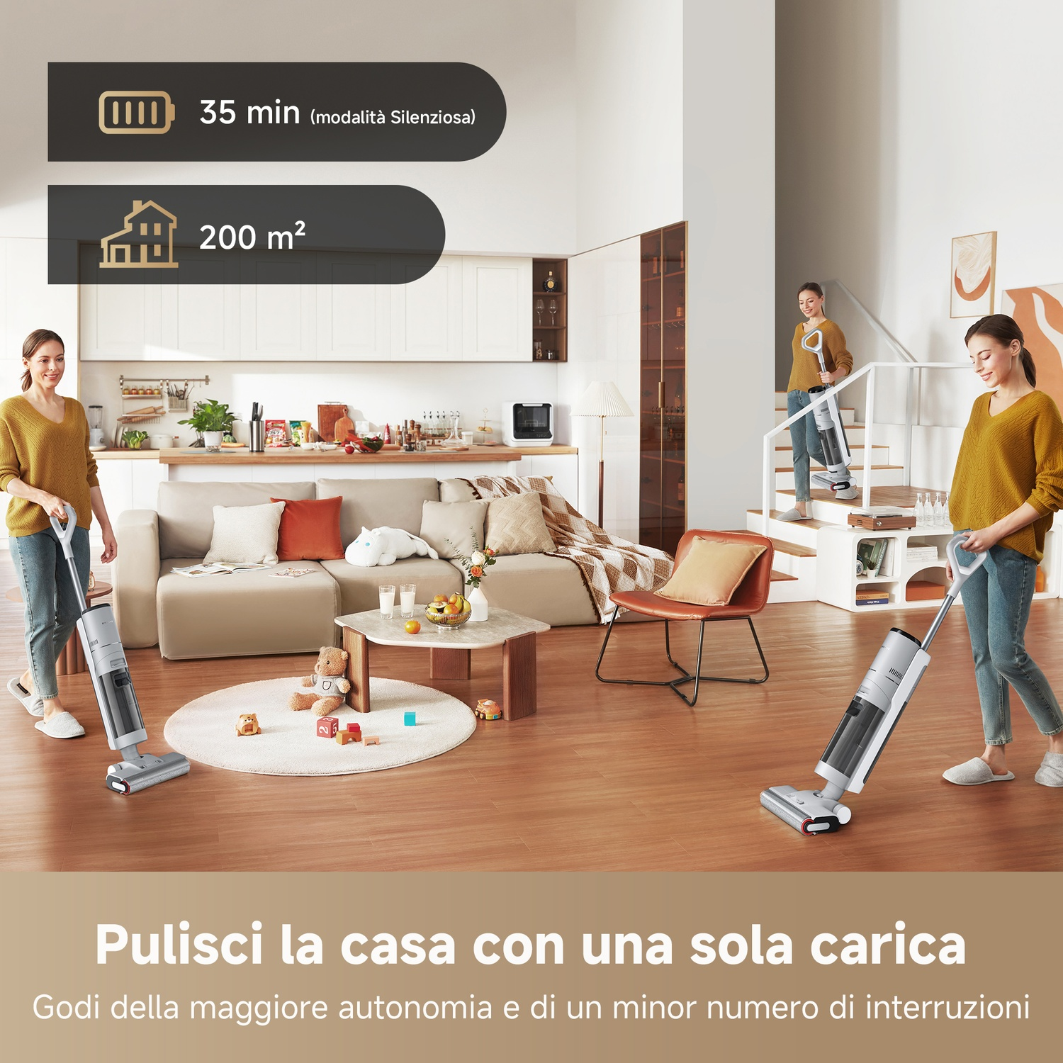 Donne puliscono soggiorno con aspirapolvere cordless. Autonomia 35 min.