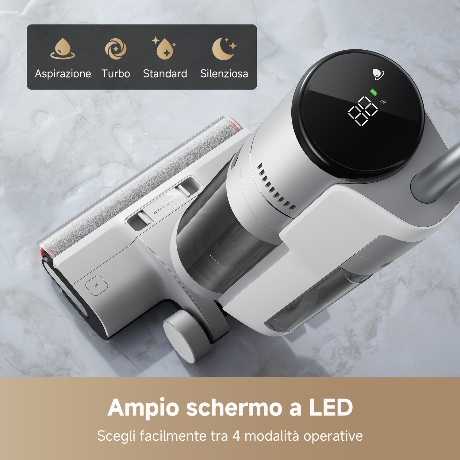 Un aspirapolvere bianco con schermo LED che mostra quattro modalità: Aspirazione, Turbo, Standard, Silenzioso.
