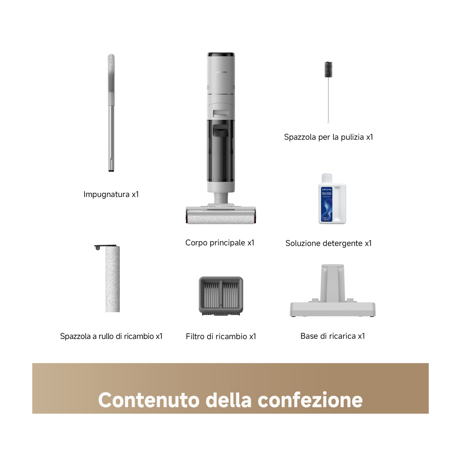 Contenuto della confezione: Manico, corpo principale, spazzola pulizia, spazzola ricambio, soluzione detergente, filtro, base ricarica.