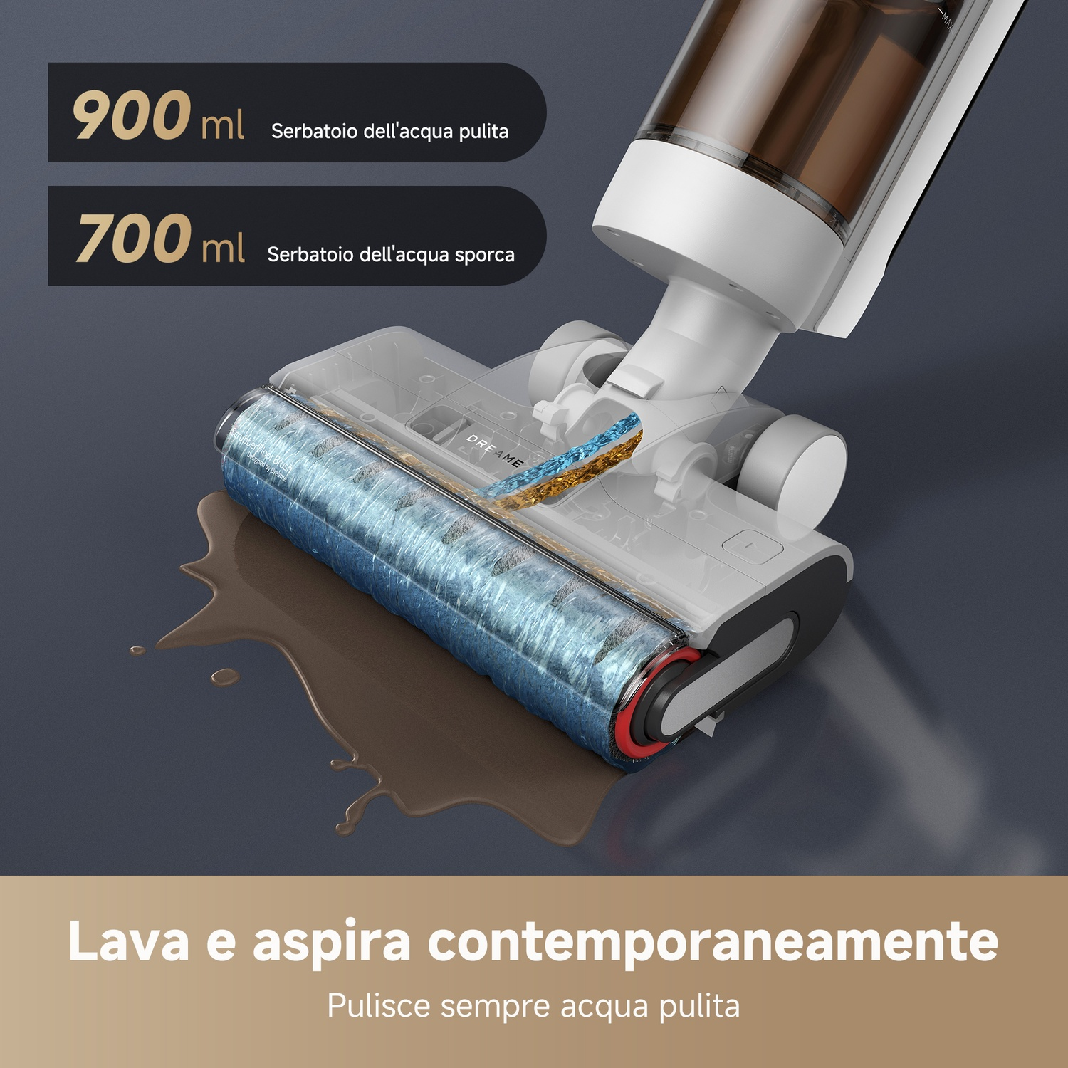 Un pulitore per pavimenti con due serbatoi: 900ml pulito, 700ml sporco.
