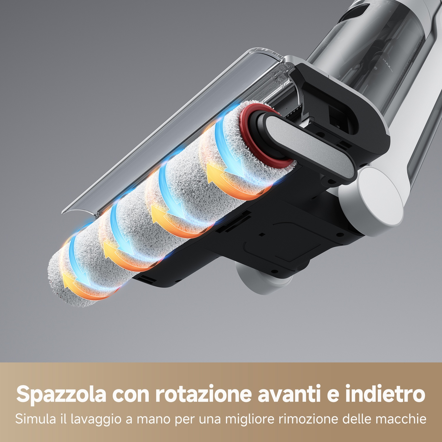 Spazzola con rotazione avanti e indietro, simula lavaggio a mano per rimuovere meglio le macchie.