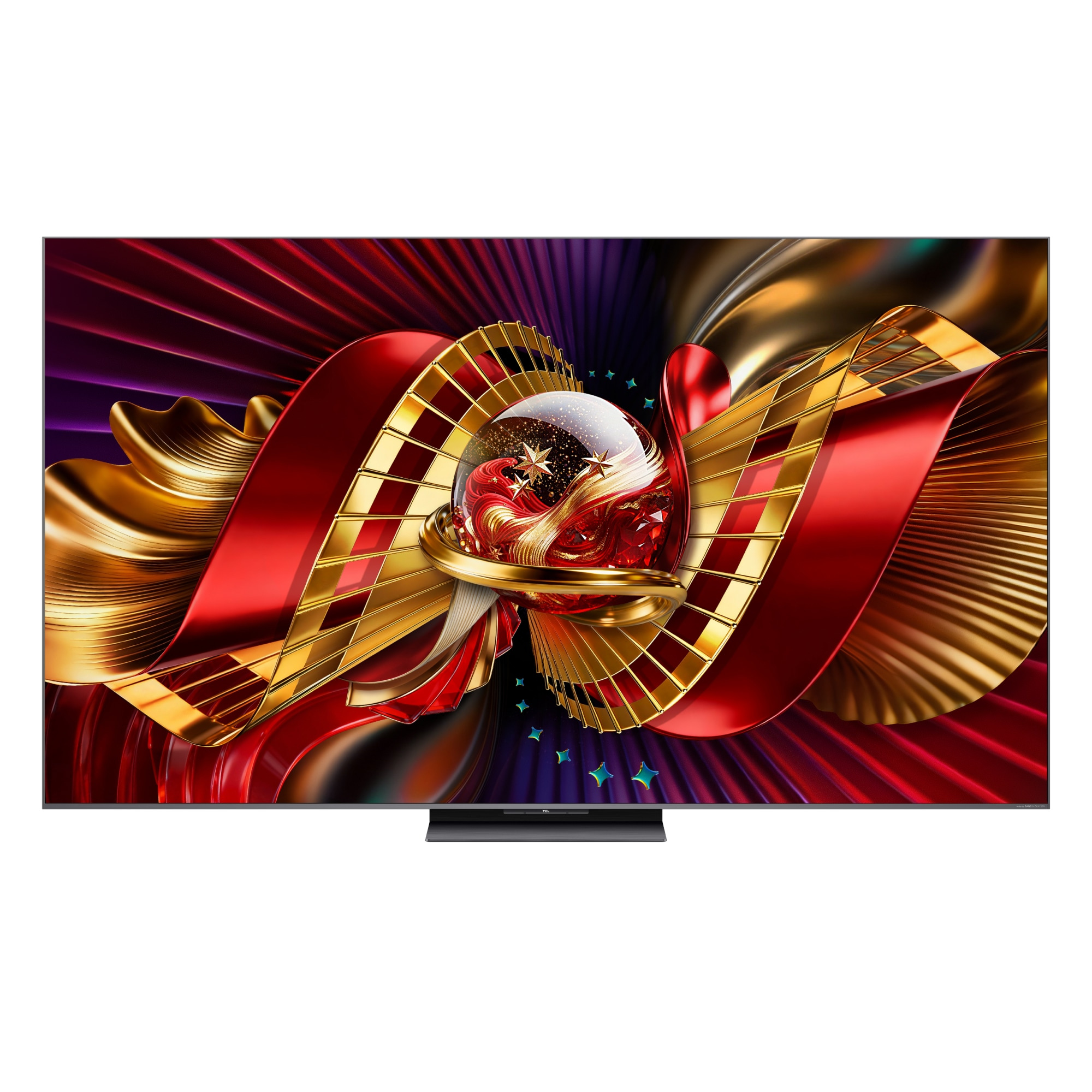 Modern bir TV, kırmızı ve altın kurdelelerle soyut bir animasyon gösteriyor.