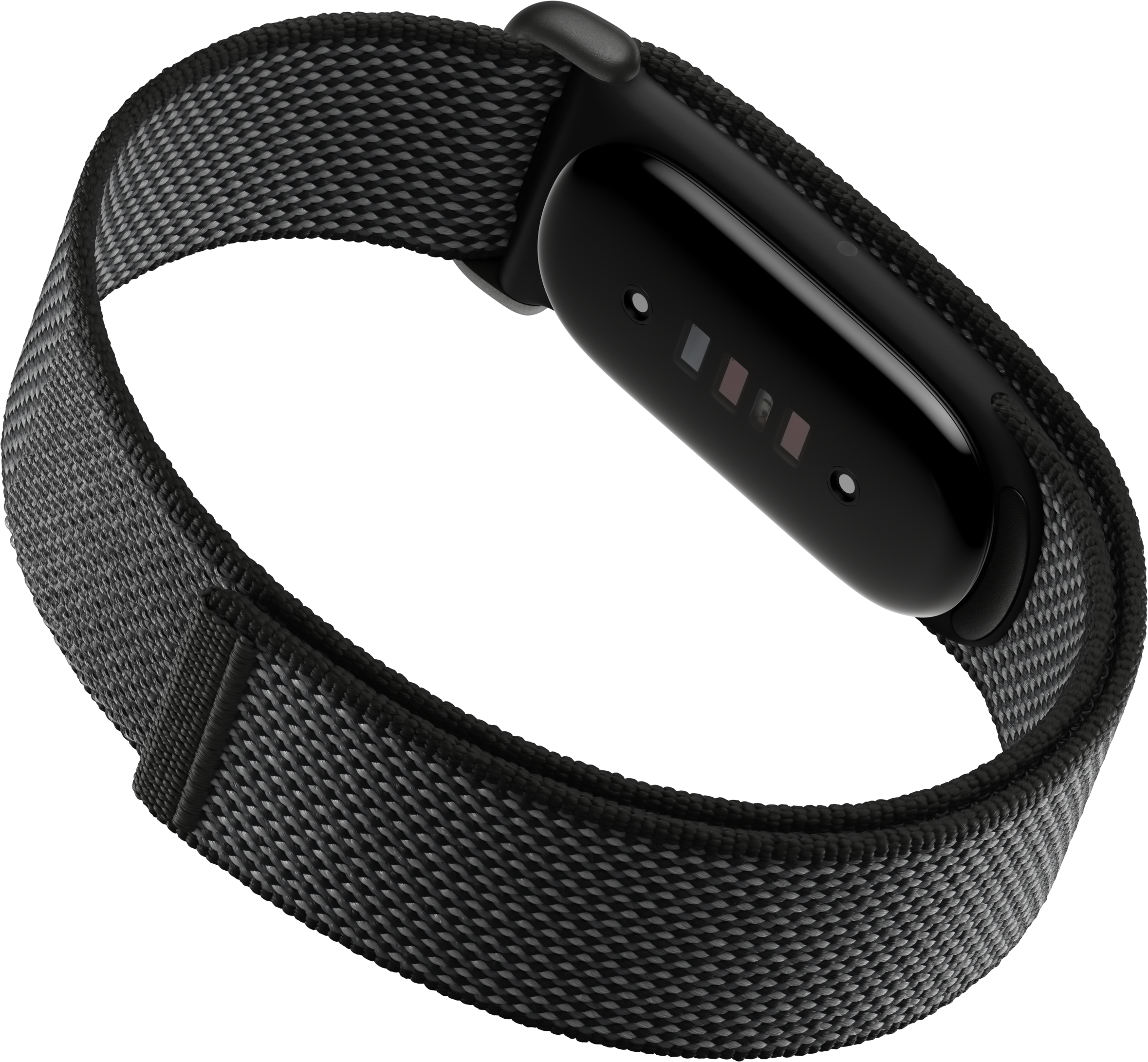 Un cinturino nero per smartwatch con tessuto grigio e cassa nera.