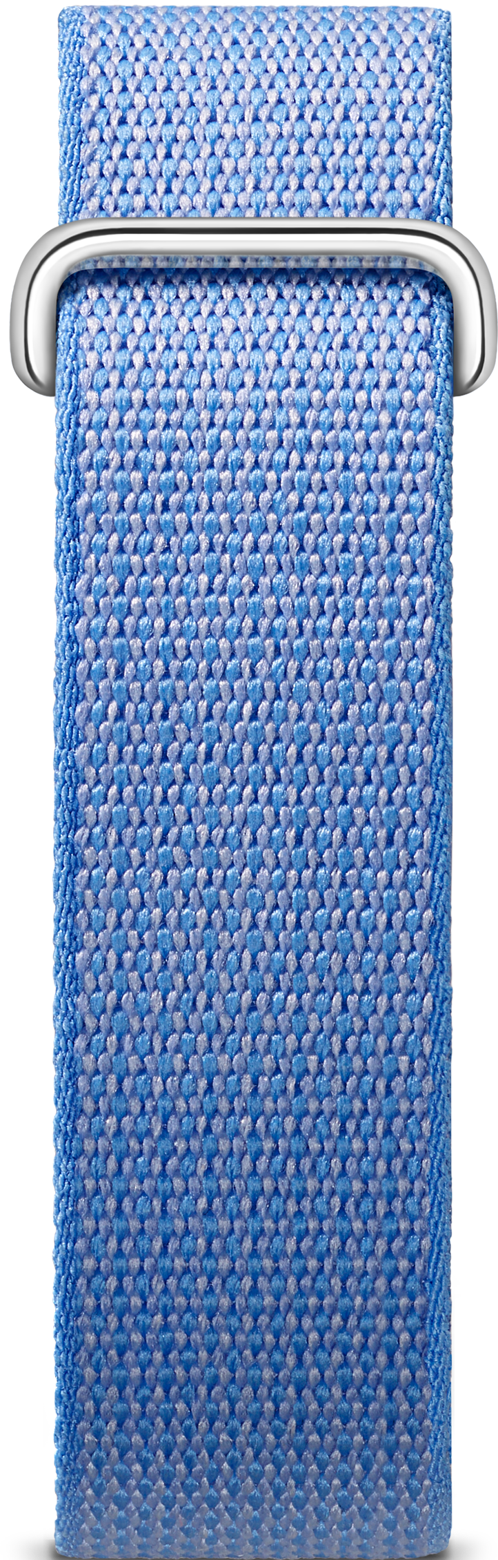 Bracelet de montre en tissu bleu avec clip métallique argenté, gros plan.