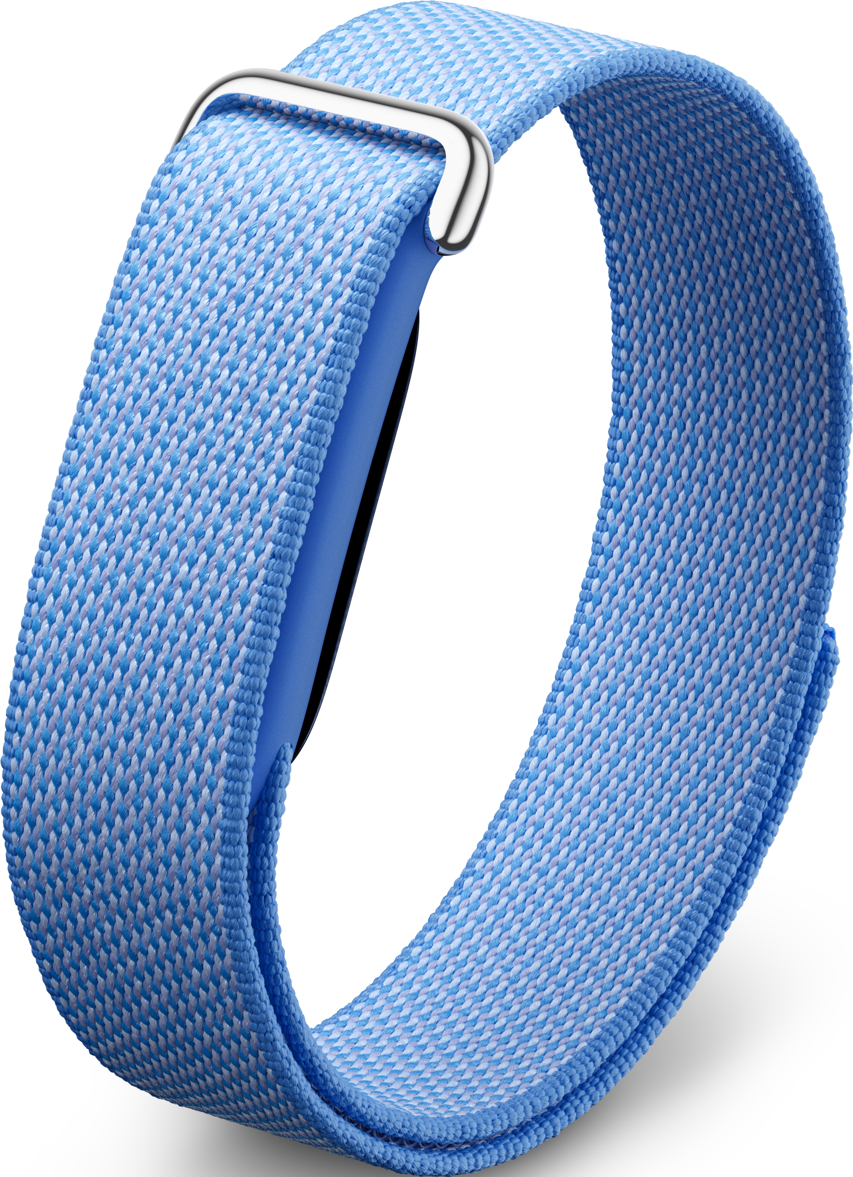Un bracelet en tissu bleu clair avec une boucle argentée, enroulé autour d'un appareil noir.