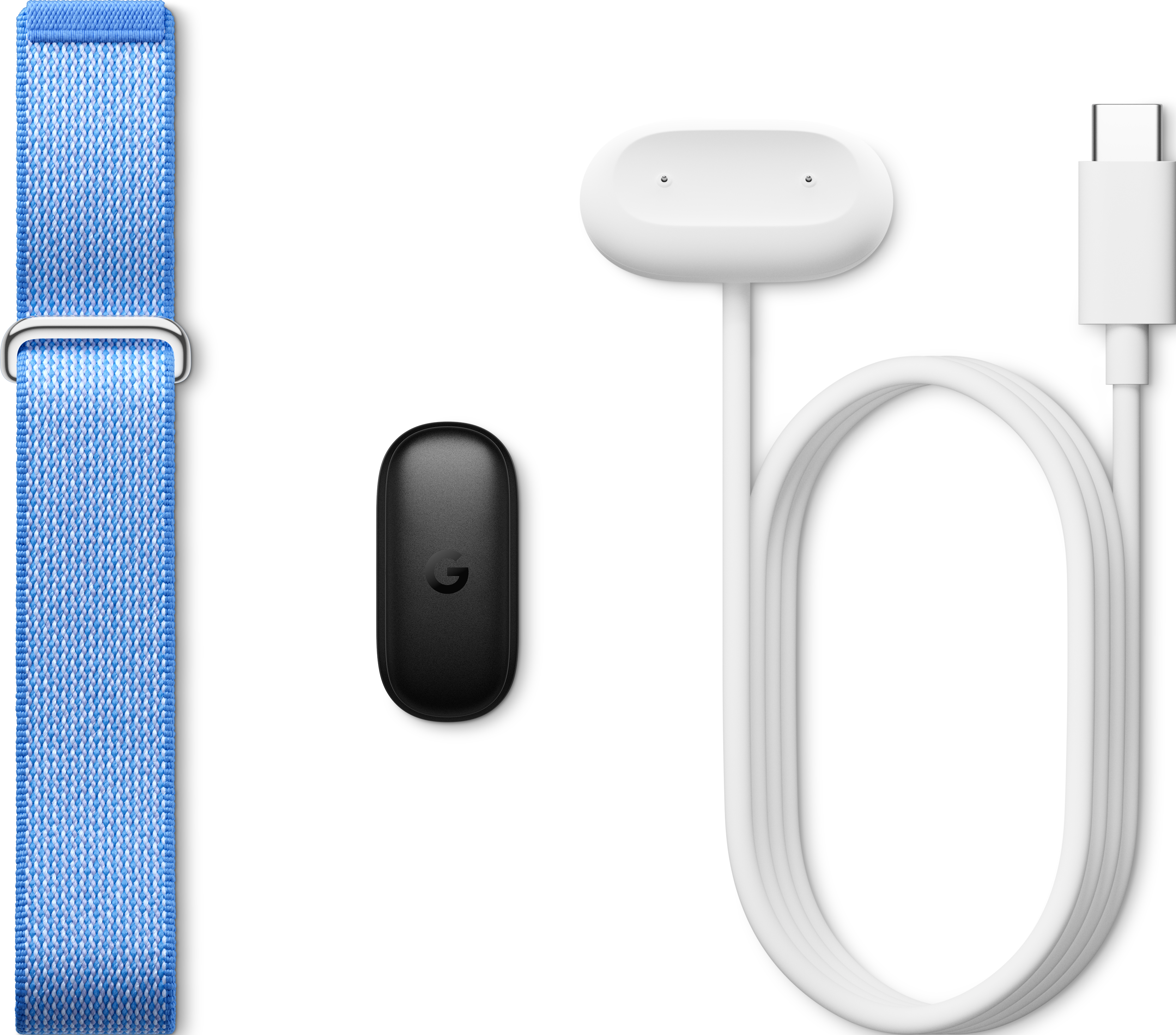 Un bracelet bleu, un traqueur noir et un chargeur blanc avec USB-C.