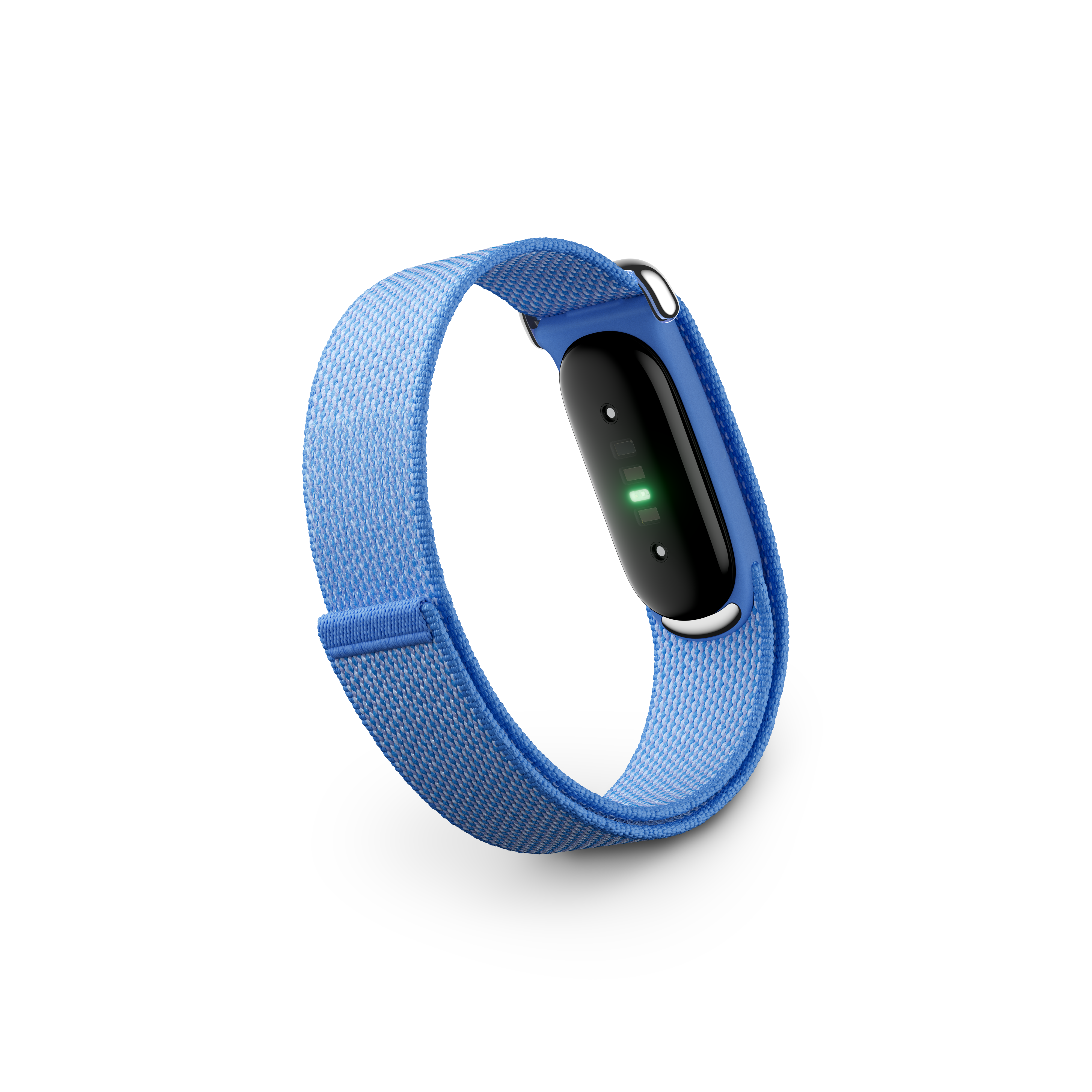 Un tracker d'activité bleu avec écran noir et LED verte, sur fond blanc.
