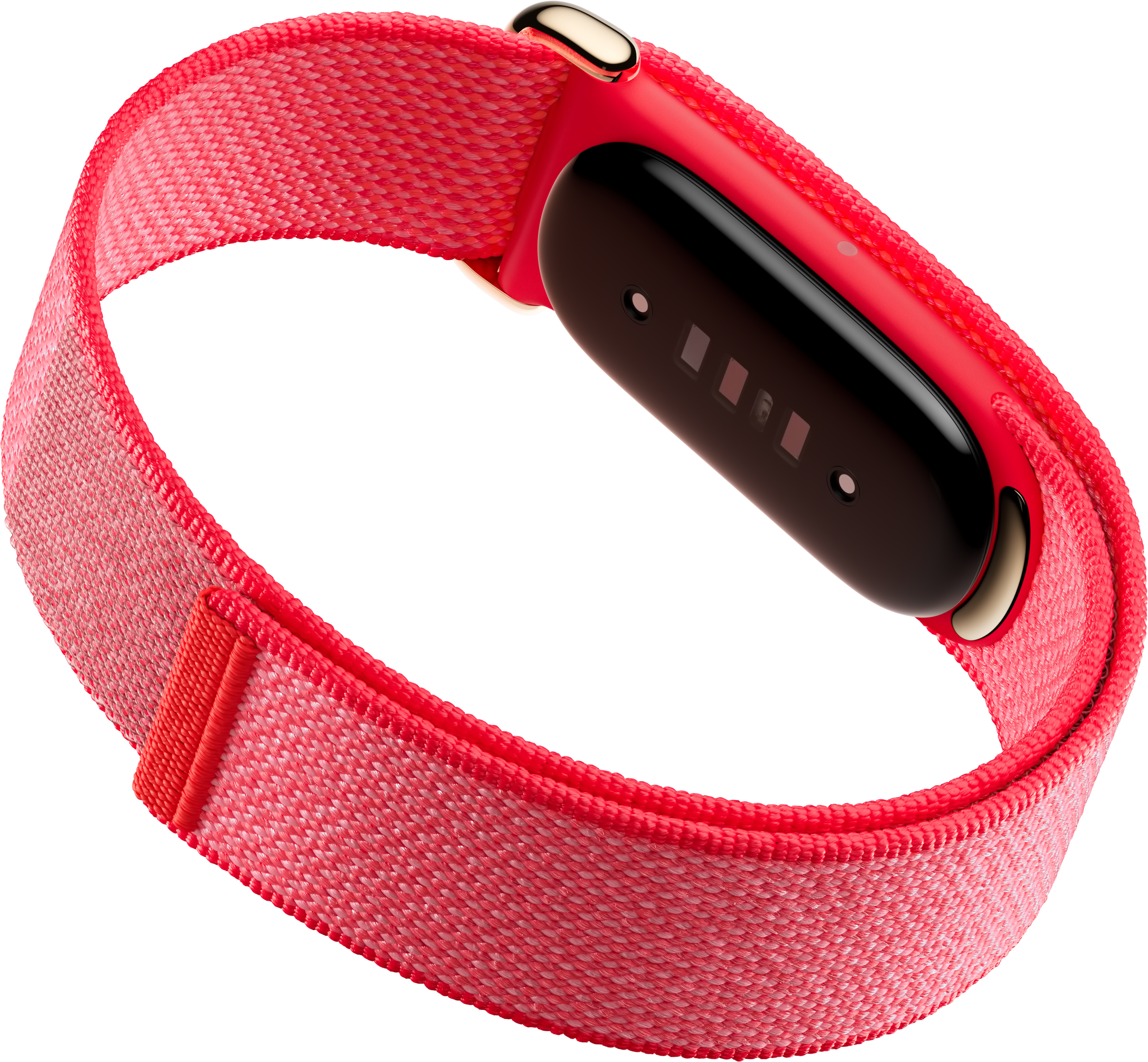 Un braccialetto intrecciato rosso con display nero e accenti dorati.
