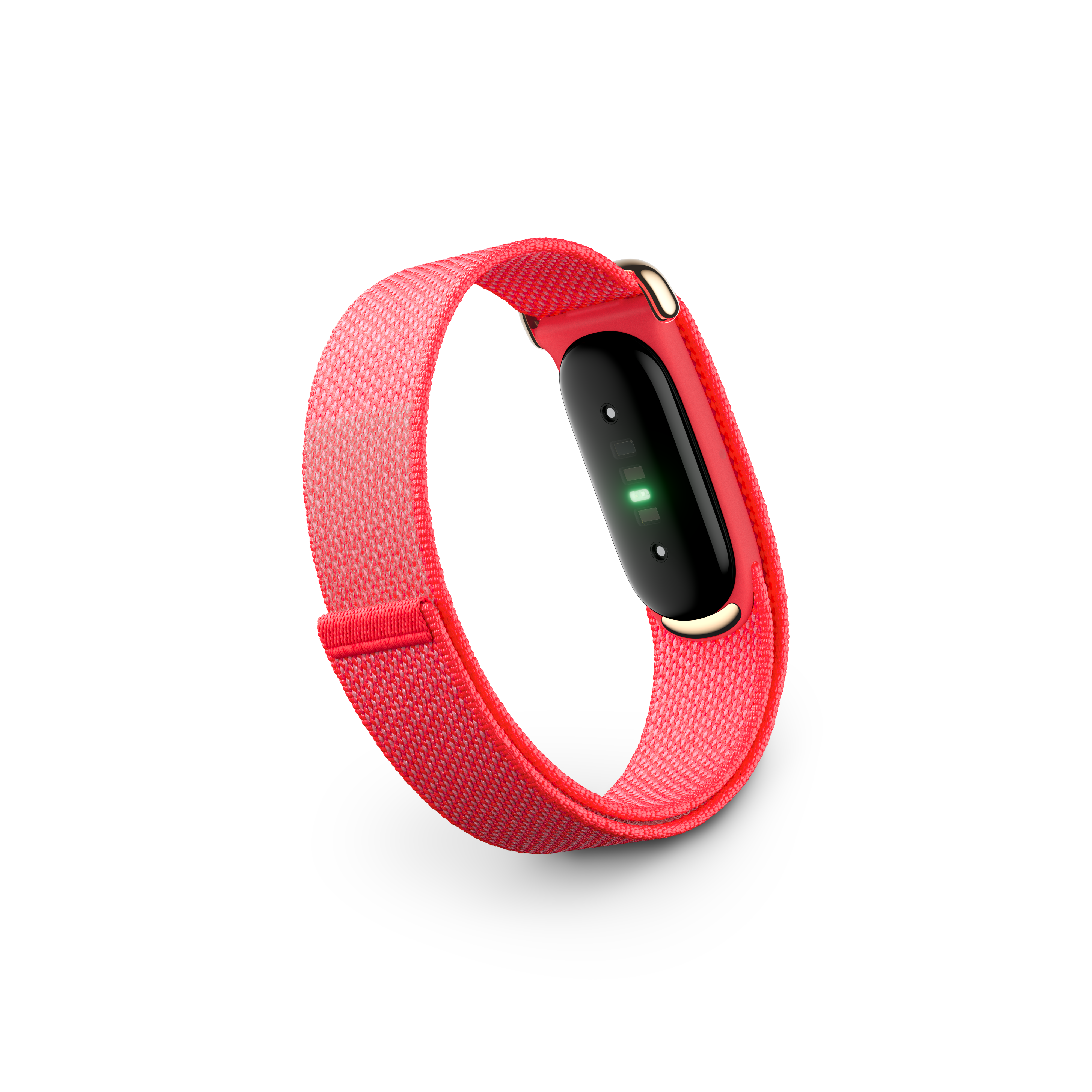 Un fitness band rosso con display nero e luci verdi.