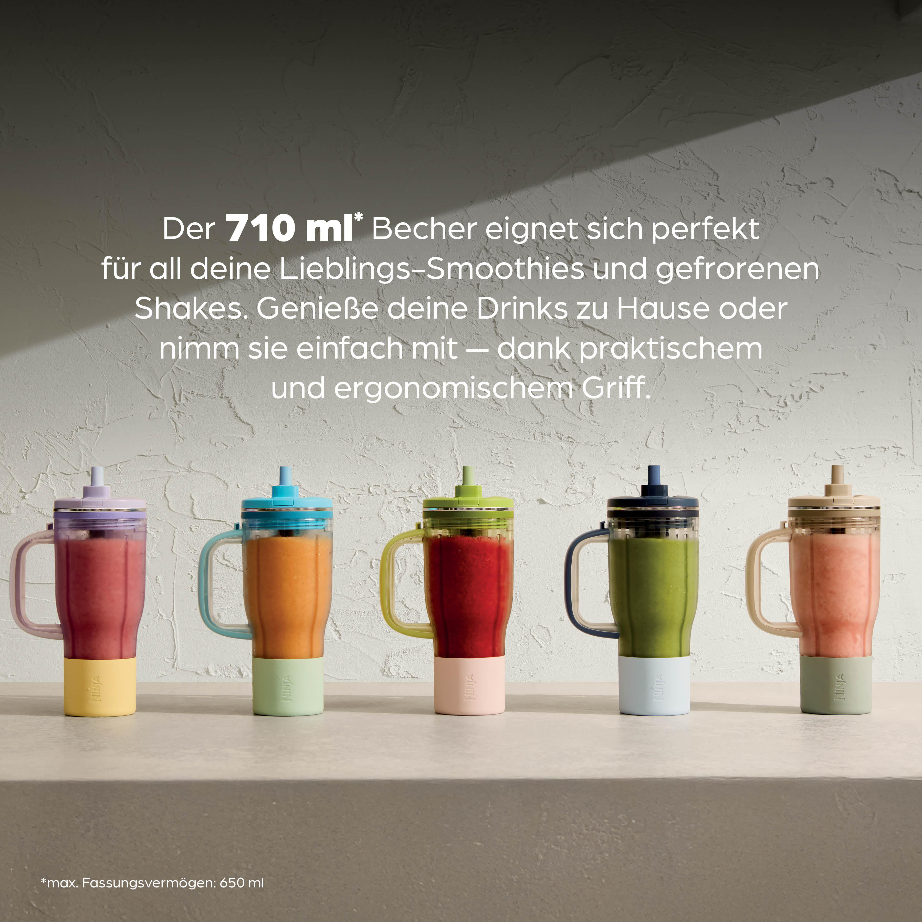 Fünf bunte Smoothie-Becher mit Griffen stehen nebeneinander.