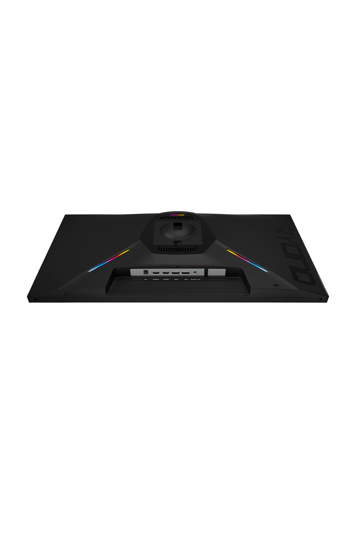 Bağlantı noktaları ve RGB aydınlatmalı siyah monitörün arkası. Siyah arka plan.