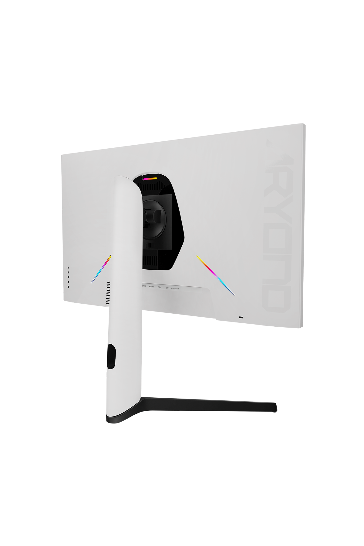 RGB aydınlatmalı ve portlu beyaz monitörün arka görünümü.