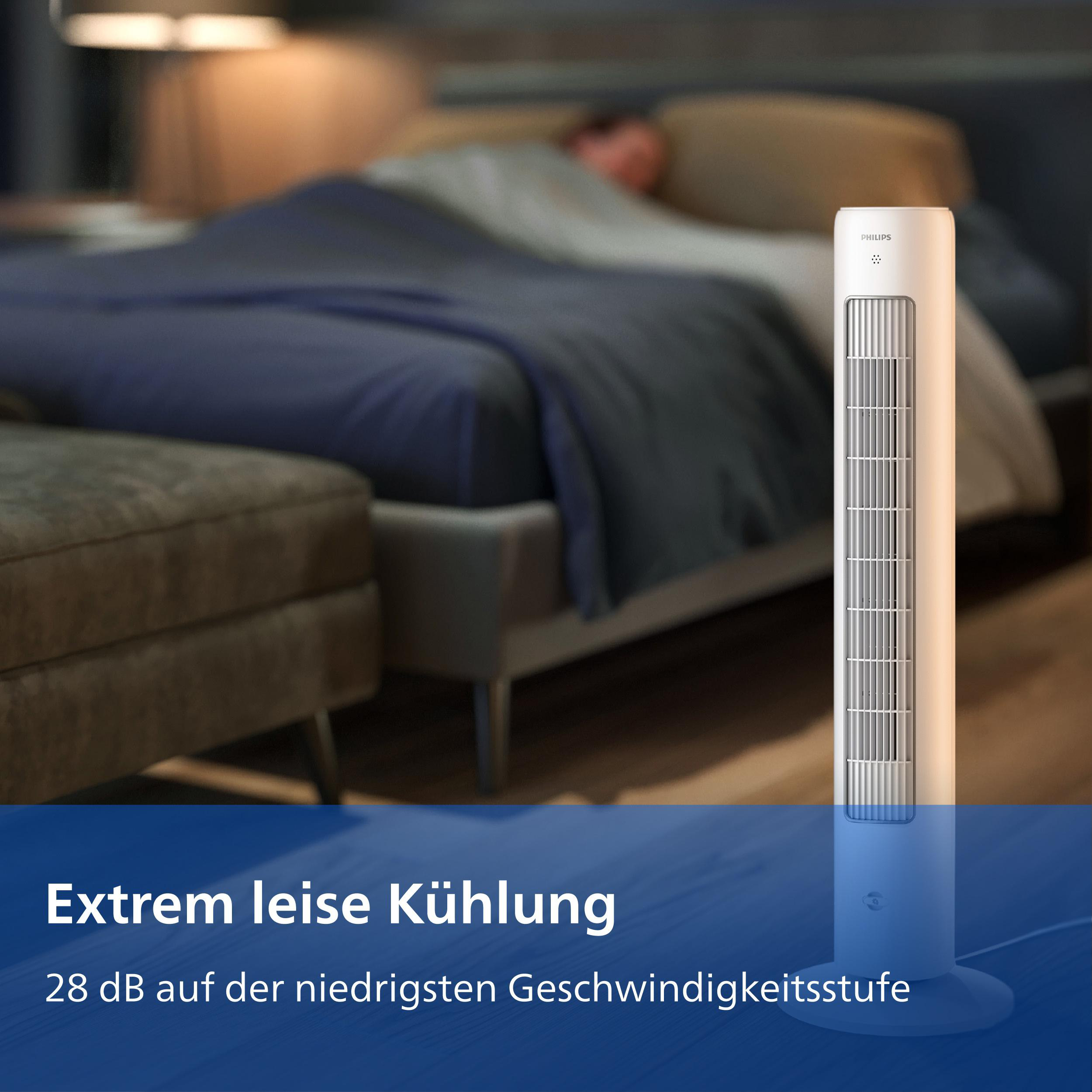 Ein weißer Turmventilator steht im Schlafzimmer neben einem Bett, auf dem eine Person schläft.
