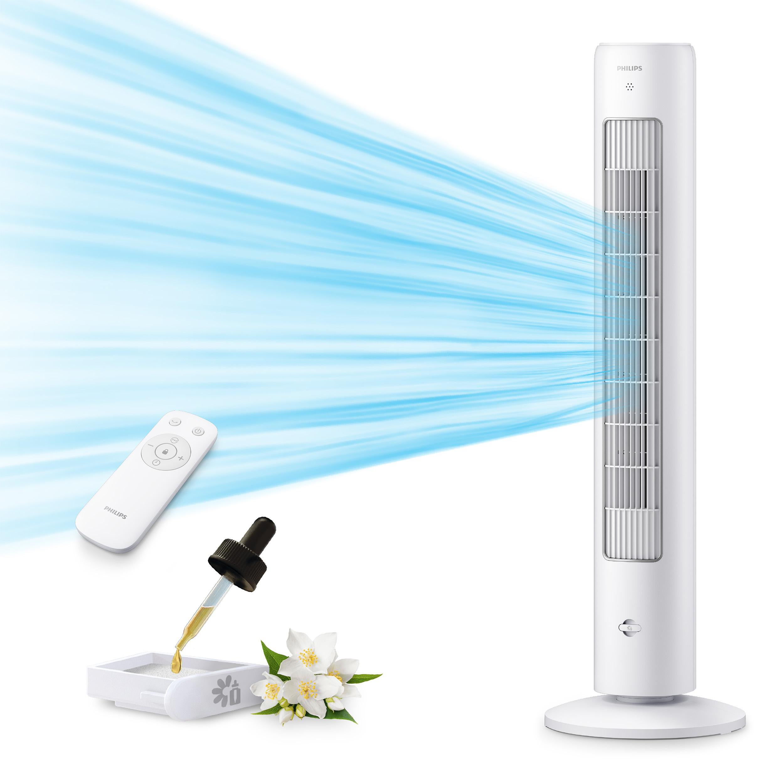 Ein weißer Turmventilator mit blauem Luftstrom, Fernbedienung, Pipette und Jasminblüten.