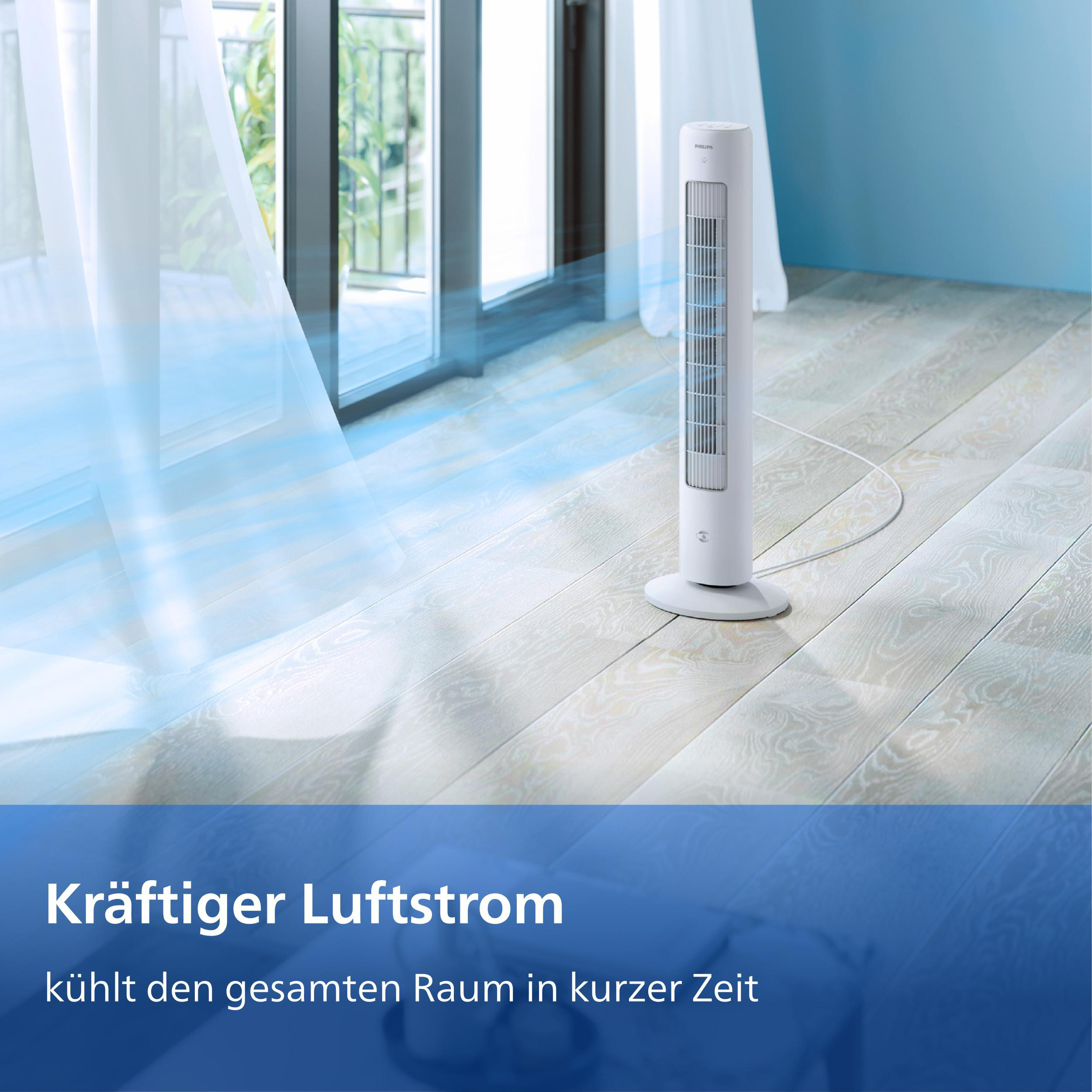 Ein weißer Turmventilator steht auf einem Holzboden, Luftströmung ist sichtbar.