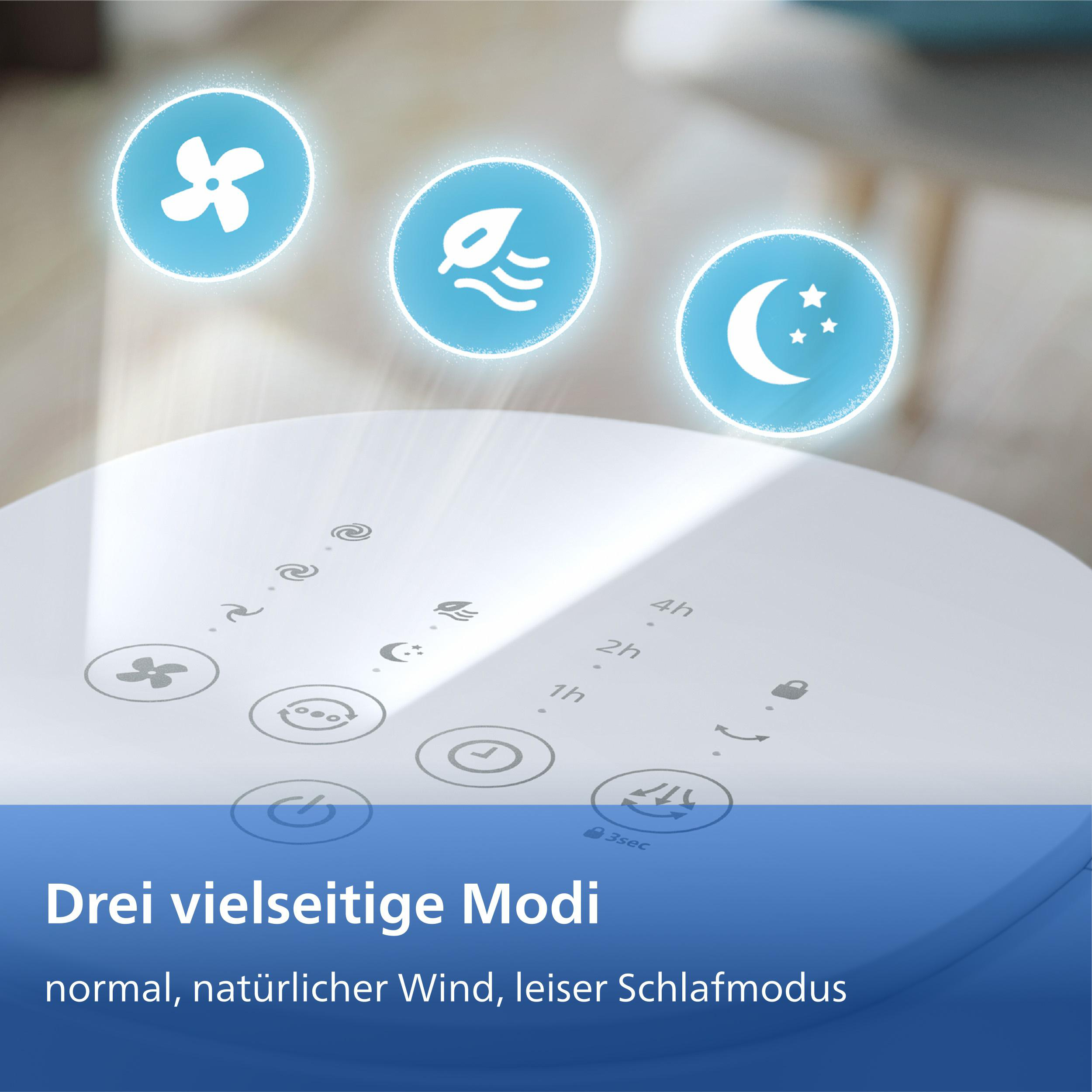Drei Icons zeigen Lüfter, Blatt und Mond. Bedienfeld mit Modi.