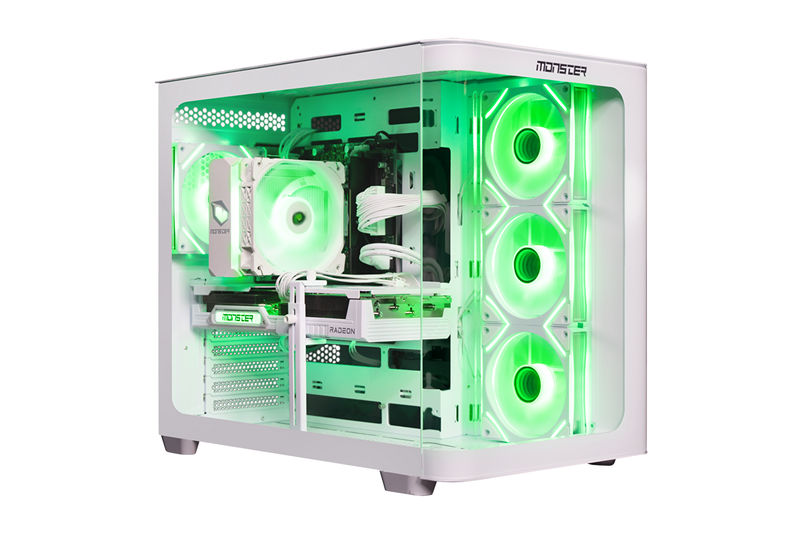 Yeşil aydınlatmalı beyaz bir PC kasası, açık ve detaylı.