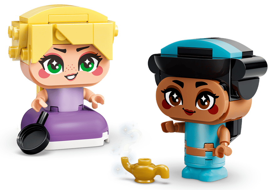 Zwei Lego-Figuren: eine mit blonden Haaren und lila Kleid, die andere mit schwarzen Haaren und blauem Outfit.