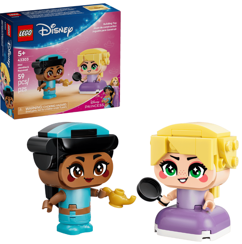 Lego-Figuren von Jasmin und Rapunzel halten eine Lampe und eine Pfanne.