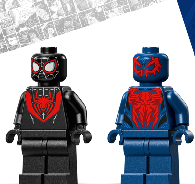 Zwei Lego-Minifiguren, ein schwarzer Spider-Man und ein blauer Spider-Man 2099.
