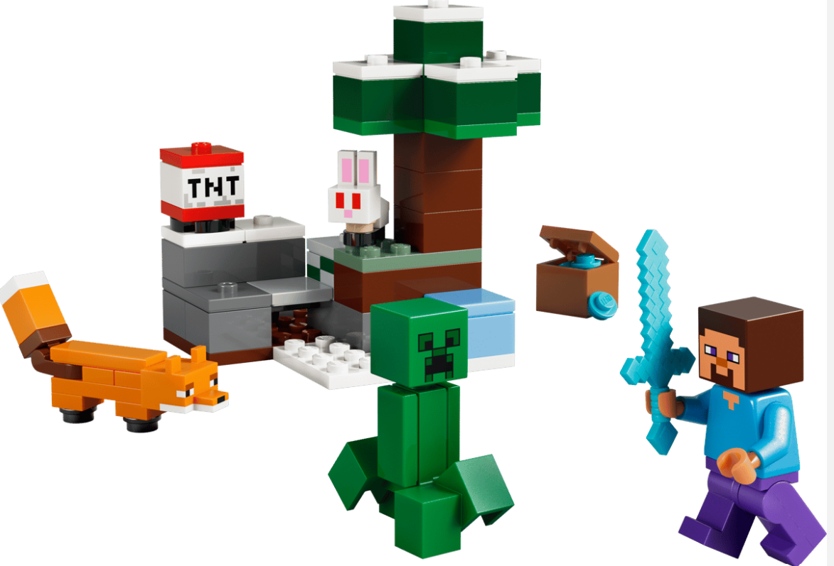 Minecraft-Szene mit Fuchs, TNT, Creeper, Steve mit Schwert, Hase, Baum, Truhe.