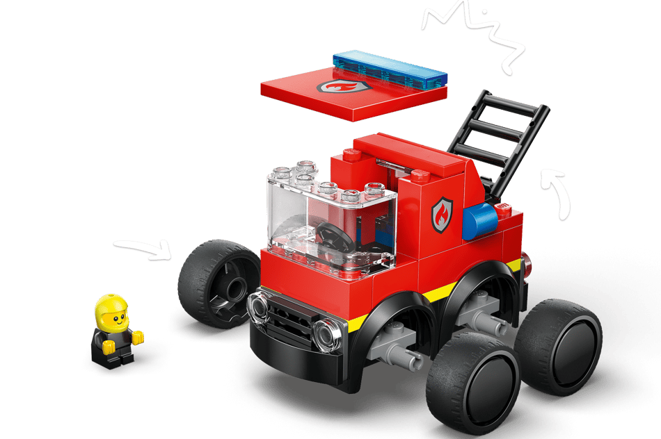 Ein rotes Lego-Feuerwehrauto mit Leiter und blauem Blaulicht. Eine Lego-Figur steht daneben.