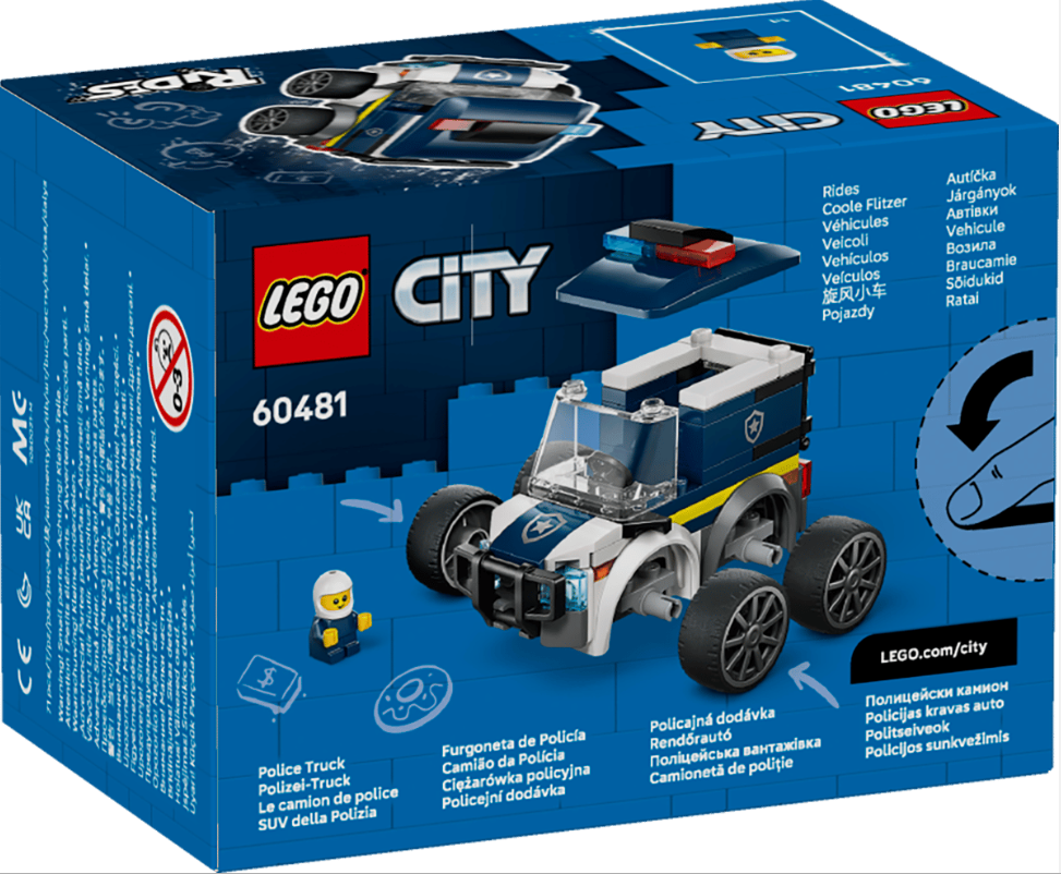 LEGO City Polizeiauto-Set mit Minifigur und abnehmbaren Rädern auf der Verpackung.