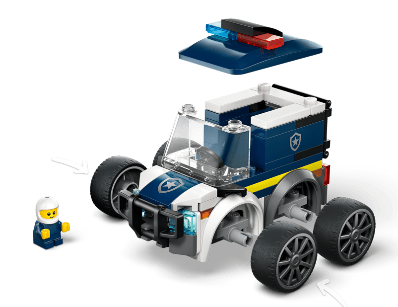 Ein Lego-Polizeiauto mit abnehmbarem Dach und einer Spielfigur daneben.