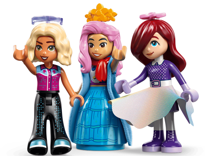 Drei Lego-Figuren mit Haaren und Kleidung in leuchtenden Farben.