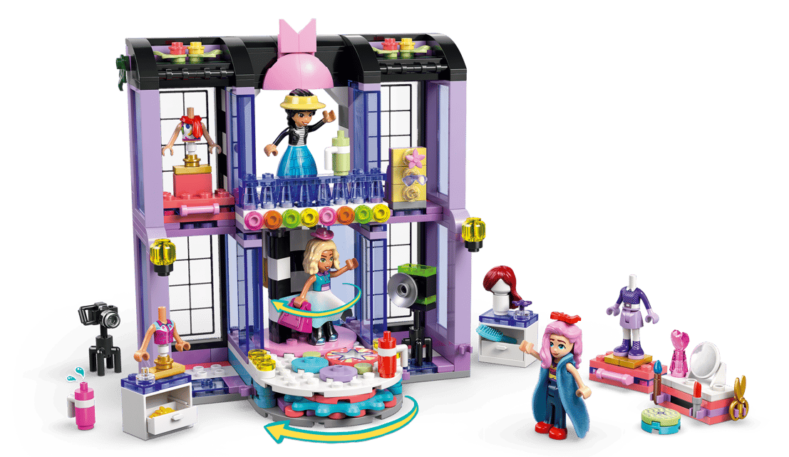 Modenschau-Spielset mit Figuren, Schaufensterpuppen, drehender Bühne, Kamera und Schminktisch.
