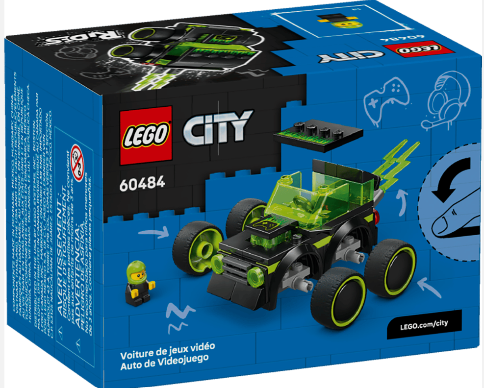 Lego City Videospielauto-Box mit einem grünen und schwarzen Auto und einer Spielfigur.