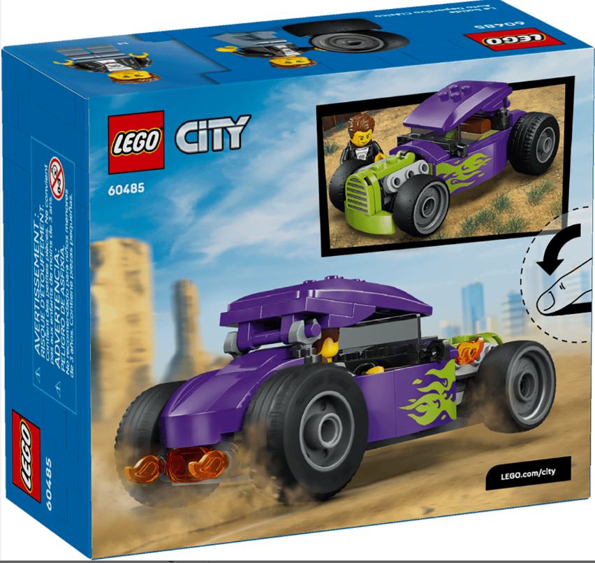 Lego City Hot Rod Rennwagen mit lila Karosserie und grünen Flammen.