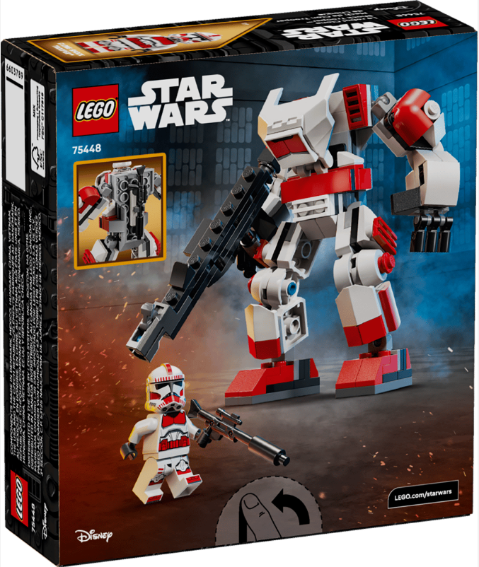 Lego Star Wars Box mit weißem und rotem Mech mit Waffe und Klonkrieger.