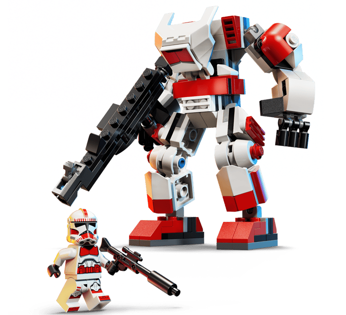 Ein weißer und roter Lego-Mech mit einem Soldaten vor einem weißen Hintergrund.