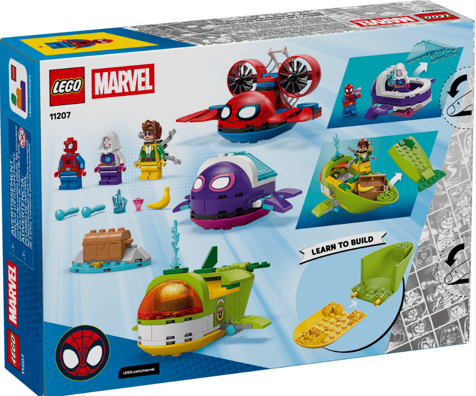 Lego Marvel Set mit 3 Minifiguren und verschiedenen Fahrzeugen, darunter ein Flugzeug.
