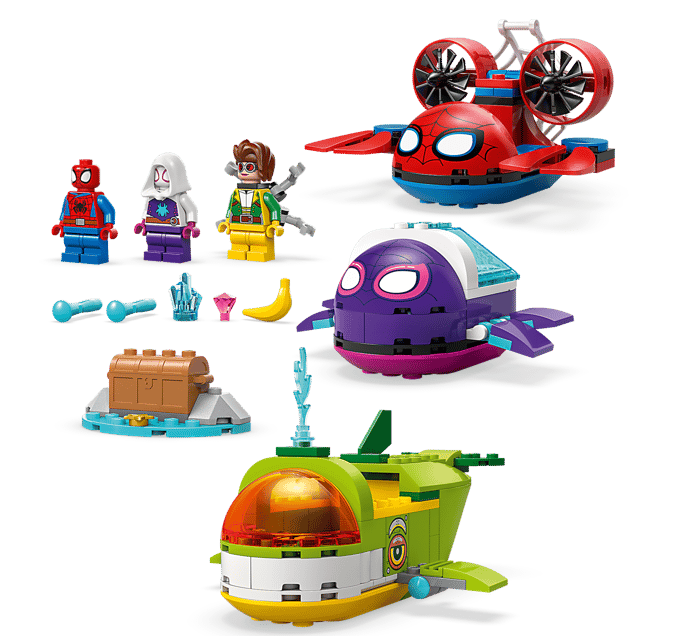 Lego Spider-Man, Ghost-Spider, Dr. Octopus, Spider-Flugzeug und Fahrzeuge.