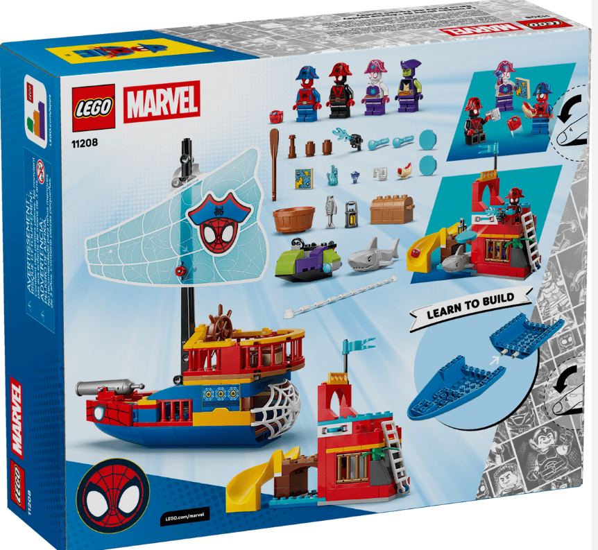 LEGO Marvel Spider-Man Set mit Schiff, Figuren und Zubehör auf Karton.