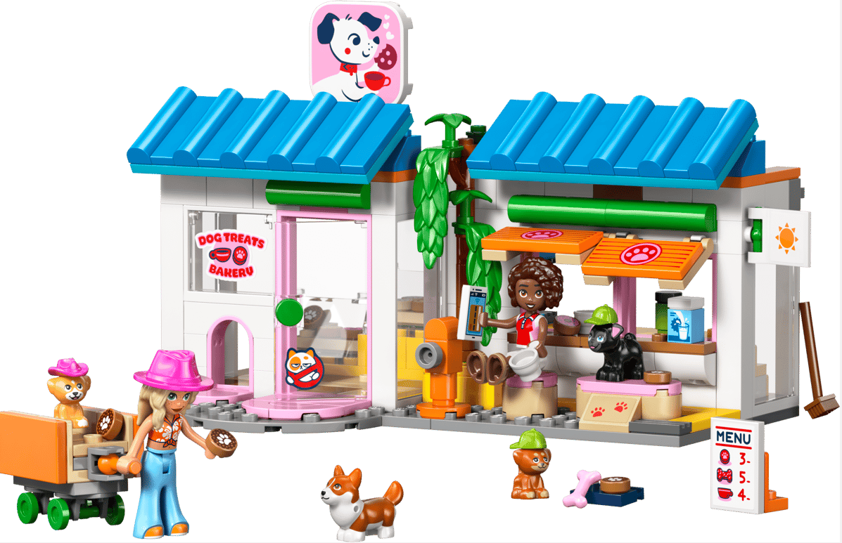 Ein Lego-Set zeigt eine Bäckerei für Hunde mit Figuren und Tieren.