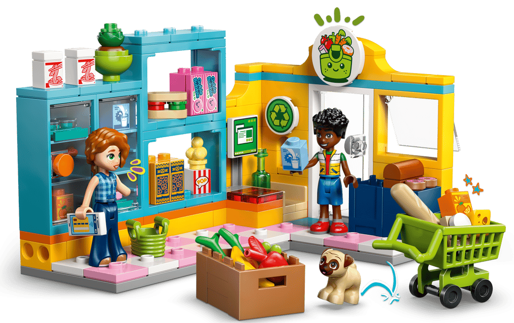 Lego-Laden mit zwei Figuren, einem Hund, Einkaufswagen und Lebensmitteln.