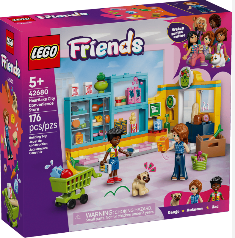 LEGO Friends Set mit Laden, Figuren, Einkaufswagen und Hunden.