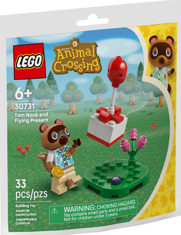 LEGO-Set mit Tom Nook Figur, einem fliegenden Geschenk und einer Blume.