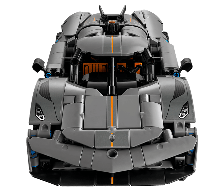 Graues Lego-Automodell mit orangefarbenen Streifen und blauen Akzenten.