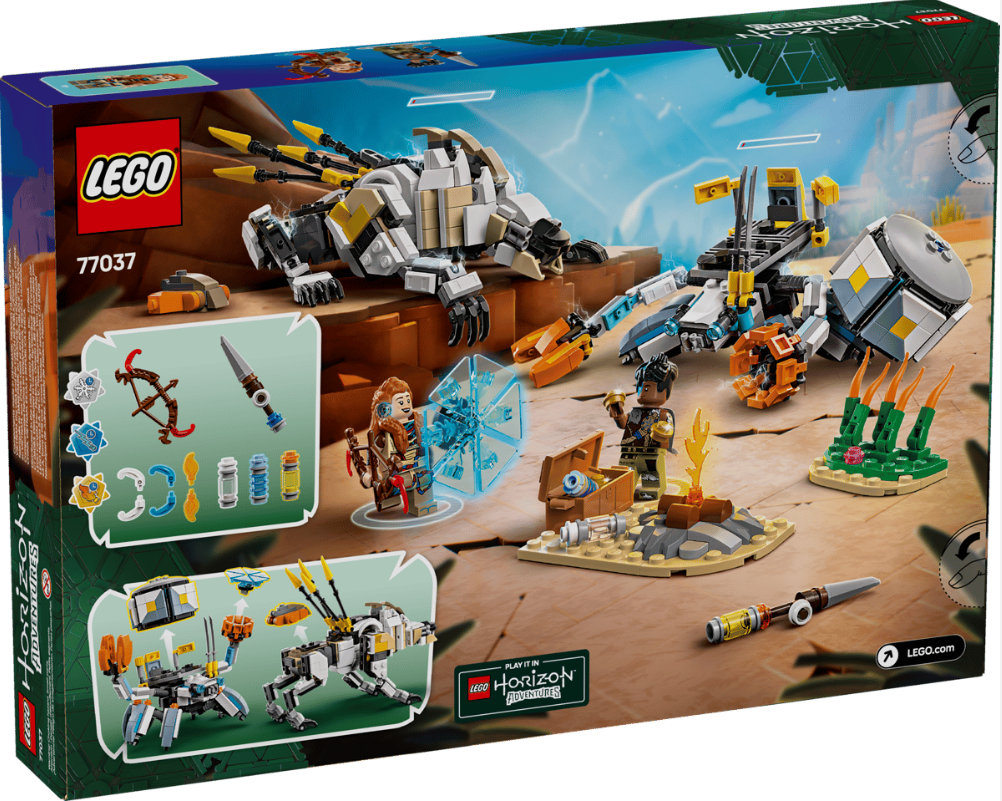 Lego-Set mit Maschinen wie einem großen Tier, zwei Figuren und kleineren Robotern.