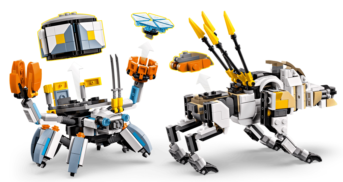 Zwei Lego-Roboter, einer wie ein Hund, einer wie ein Krebs, mit orangefarbenen und blauen Elementen.