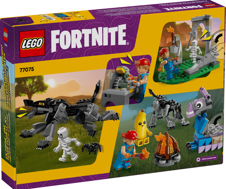 LEGO Fortnite Set Box: Enthält ein schwarzes LEGO-Monster, Skelette, Charaktere und eine Banane.
