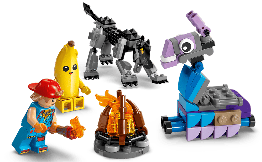 Lego-Figuren: Mensch mit Flammenwerfer, Banane, Wolf und lila Kreatur.