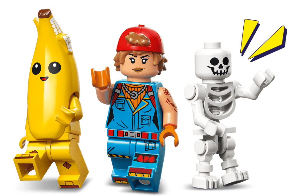 Drei Lego-Figuren: eine Banane, ein Skelett und ein Mensch mit roter Kappe.