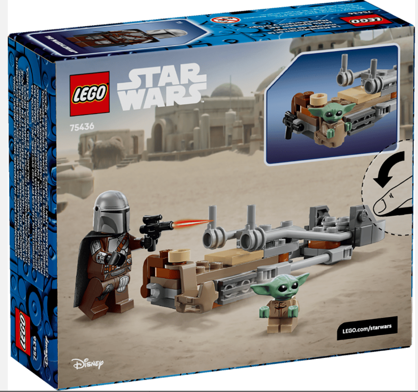 LEGO Star Wars Set: Mando & Grogu auf Speeder mit Wüstenkulisse.